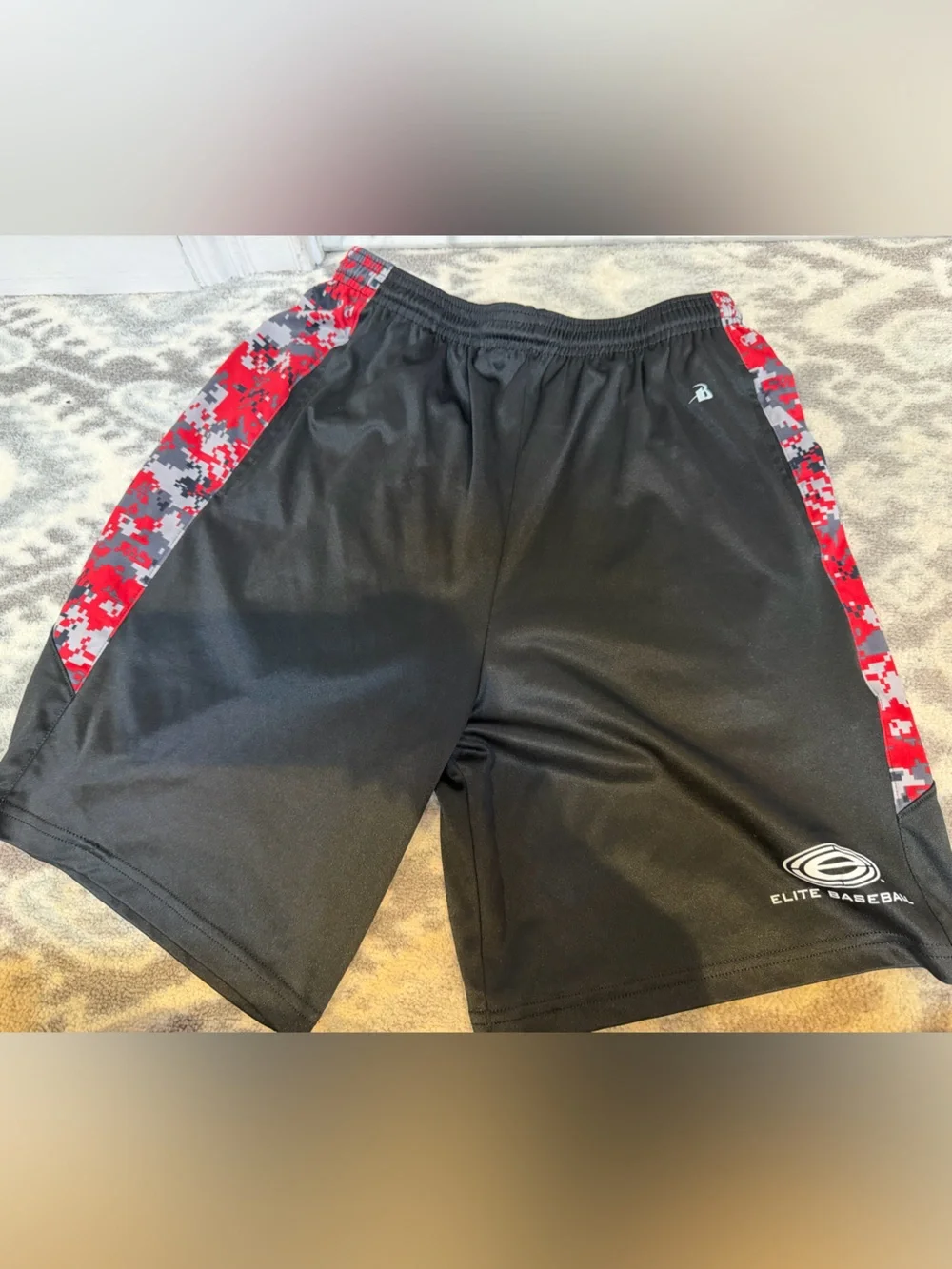 Elite Baseball Boys' Black Shorts with Red Digital Camo Side Panels